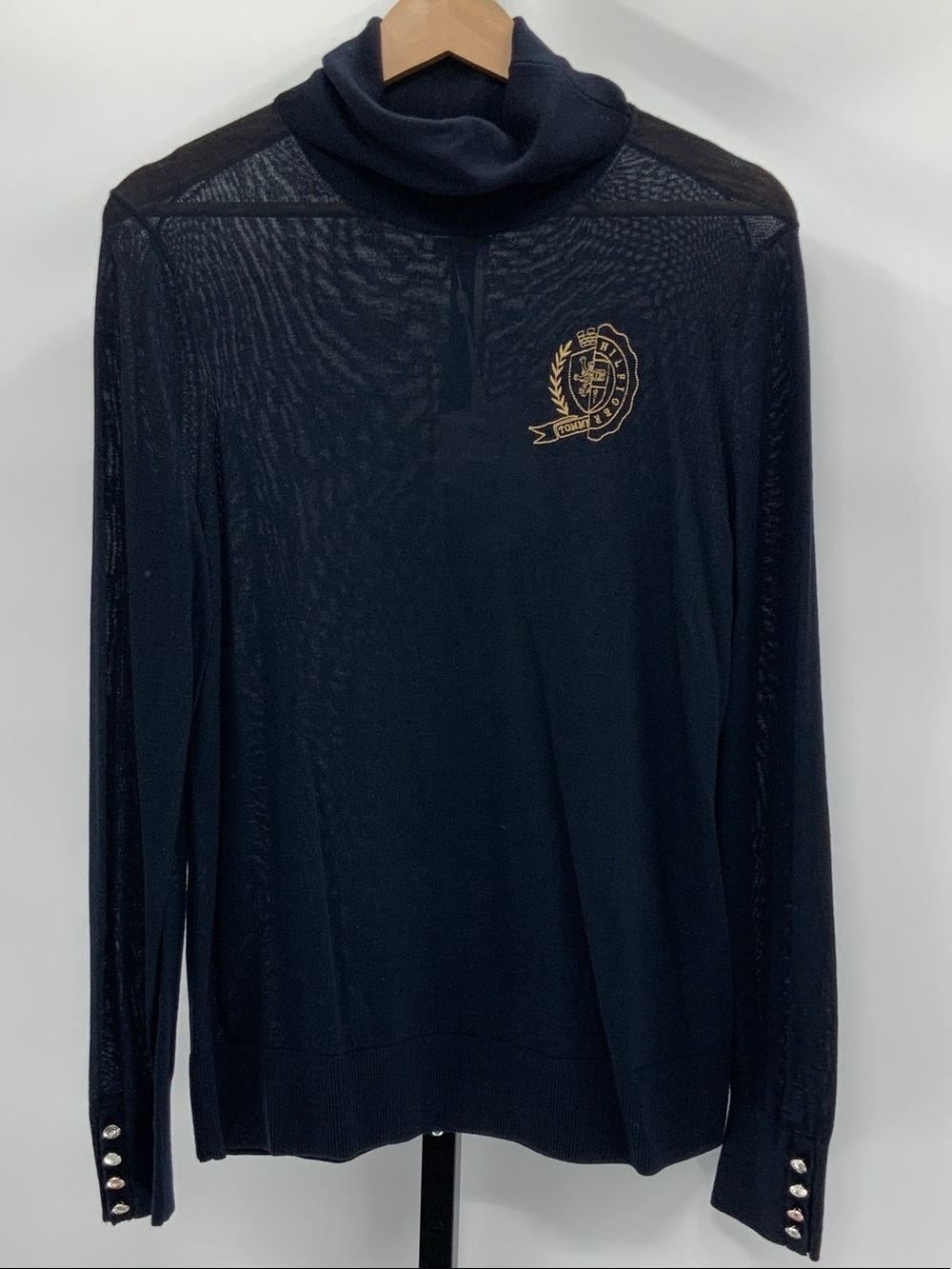 Tommy Hilfiger Black Turtleneck Sweater with Gold Crest & Button Cuffs